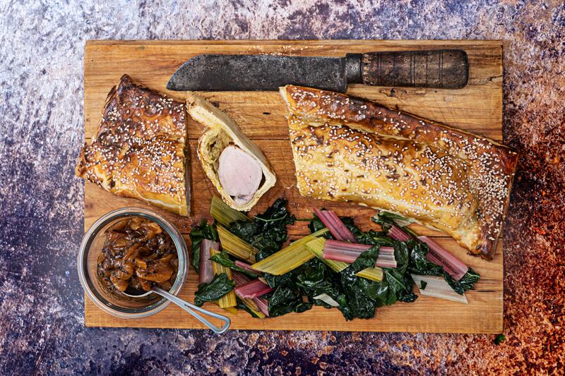Pork and spiced onion Wellington with khubani chutney. Photograph: Harry Weir Photography