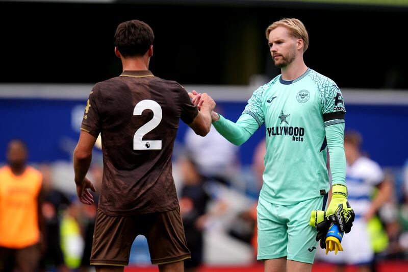 Republic of Ireland international Caoimhín Kelleher (right) with team-mate Aaron Hickey after Brentford's pre-season friendly against QPR. Photograph: John Walton/PA