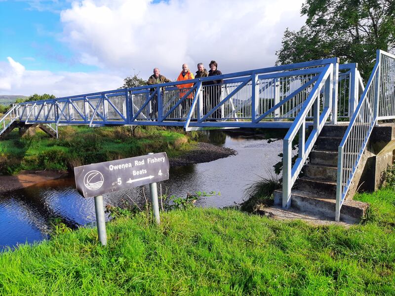 Pictured standing on the newly-opened footbridge over the Owenea River near Glenties in Donegal are (l-r): Gerry McCafferty (Inspector, IFI), David Buchanan (WD Buchanan Ltd, Engineering Consultants), Cornelius McMullan (Assistant Inspector, IFI) and Angela McGarrigle (Administrative Assistant, IFI).