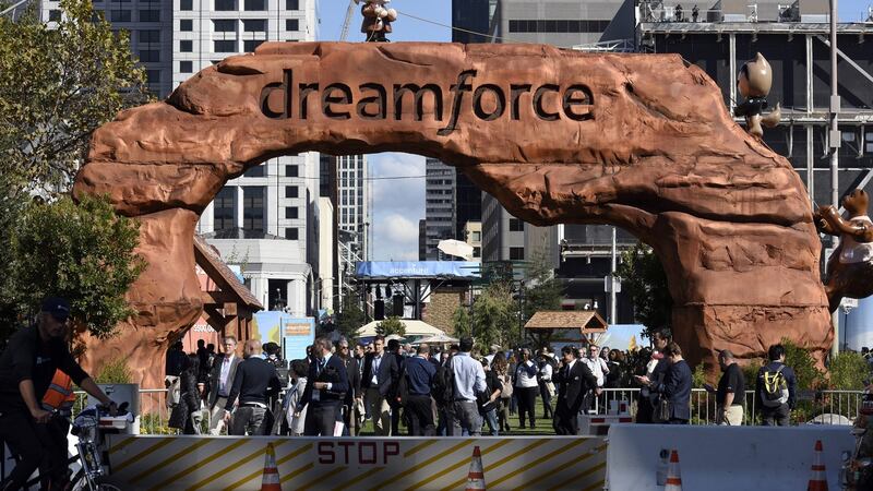 Attendees arrive at Dreamforce in San Francisco, California. Photograph: Michael Short/Bloomberg