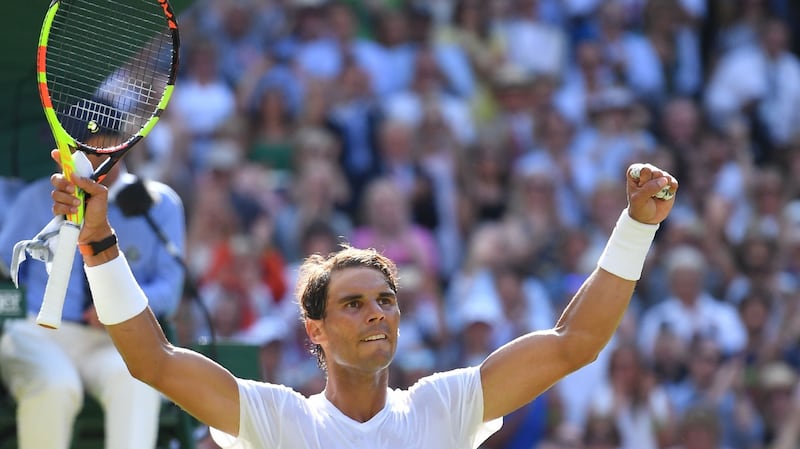 Spain’s Rafael Nadal celebrates after beating Israel’s Dudi Sela 6-3 6-3 6-2 in their  first-round match at  Wimbledon. Photograph: Ben Stansall/AFP/Getty Images