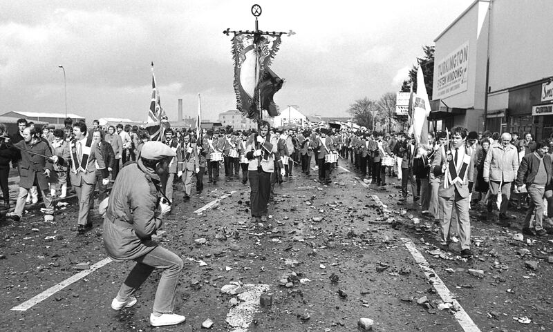 Up to 2,000 Loyalists defied an RUC ban and marched the original route of the Apprentice Boys' parade through a Catholic district of Portadown in 1986.  Photograph: Peter Thursfield