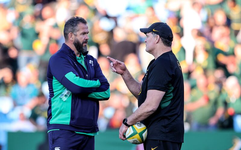  Ireland's Head Coach Andy Farrell and South Africa's Head Coach Rassie Erasmus. Photograph: Dan Sheridan/Inpho