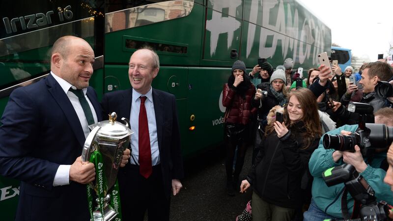 Ireland captain Rory Best meets Minister for Sport Shane Ross as the Grand Slam winners arrive at the Shelbourne Hotel in Dublin. Photograph: Dara Mac Dónaill/The Irish Times