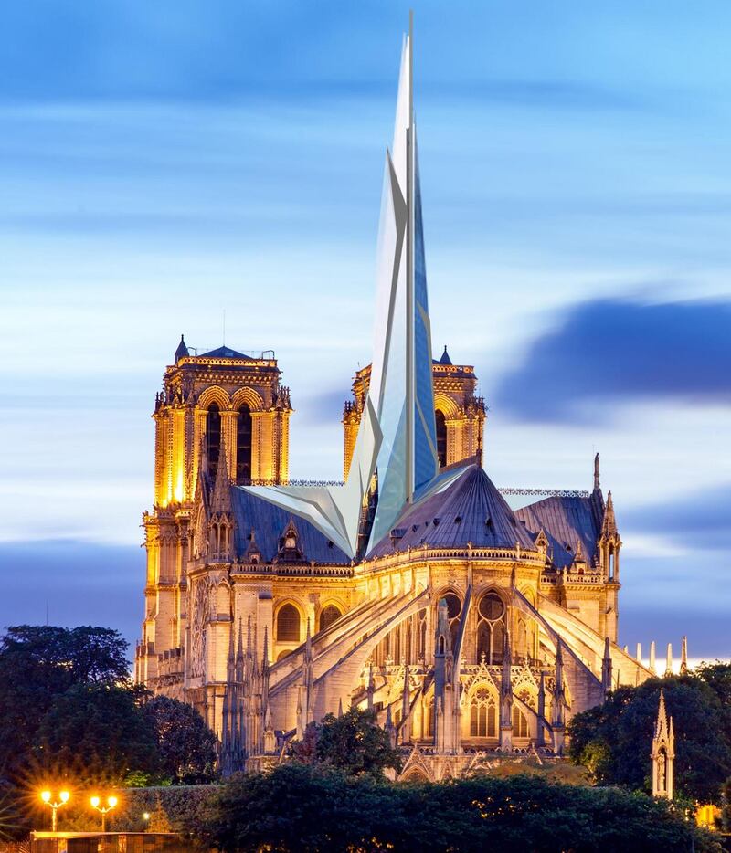 A new Notre-Dame?: ABH Architectes’ proposal features a crystal and glass spire. Illustration: Alexandre Chassang/ABH Architectes via New York Times