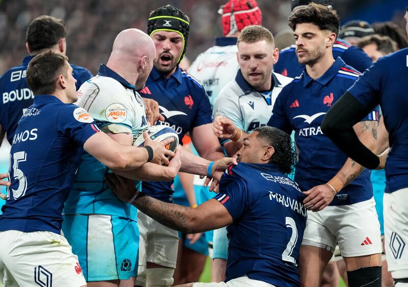 Tempers flare between Scotland's Dave Cherry and Peato Mauvaka of France during the Six Nations match at Stade de France. Photograph: Dave Winter/Inpho