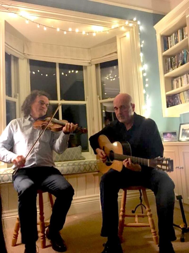 Martin Hayes and Dennis Cahill at Syria fundraising event at Toomdeely Lodge