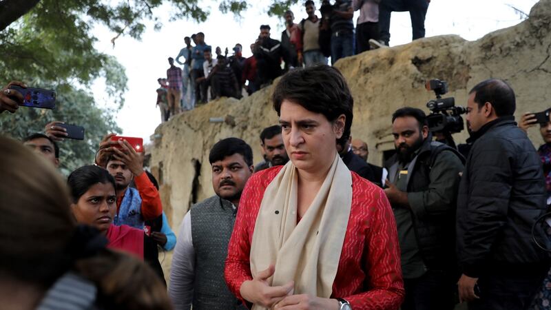 Priyanka Gandhi Vadra, a leader of India’s main opposition Congress party, arrives to meet the relatives of a 23-year-old rape victim, who died in a New Delhi hospital on Friday after she was set on fire by a gang of men, which included her alleged rapists, in Unnao in the northern state of Uttar Pradesh, India. Photograph: Reuters/Anushree Fadnavis