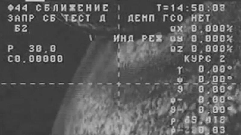 A screengrab of footage from the spinning Progress M-27M cargo freighter. Photograph: Nasa