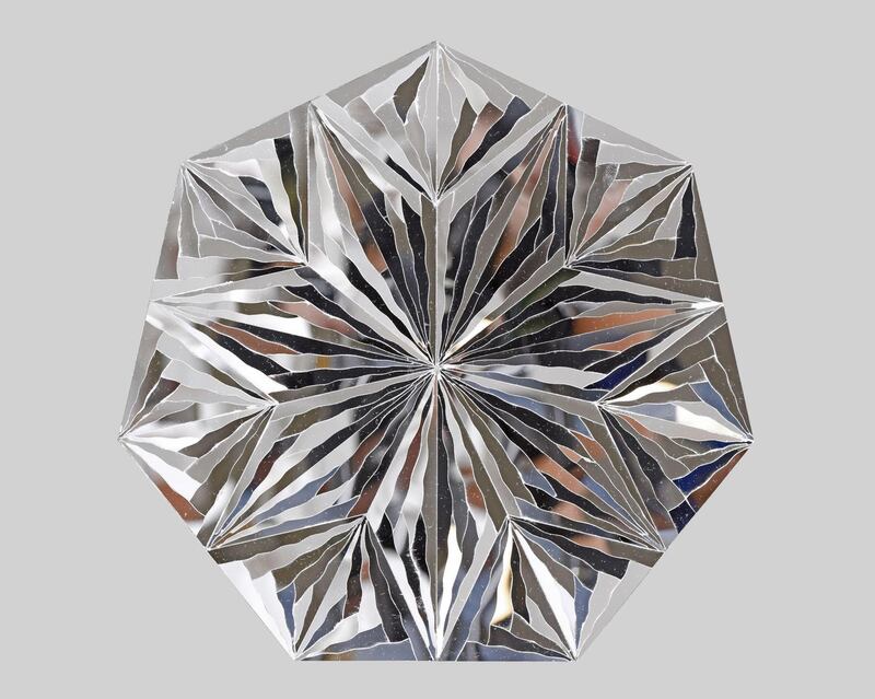 Monir Shahroudy Farmanfarmaian, Untitled (Heptagon), 2016, Mirror and reverse-glass painting on Plexiglas, 33cm diameter per element, shown as set of five. Courtesy the artist and The Third Line, Dubai.
