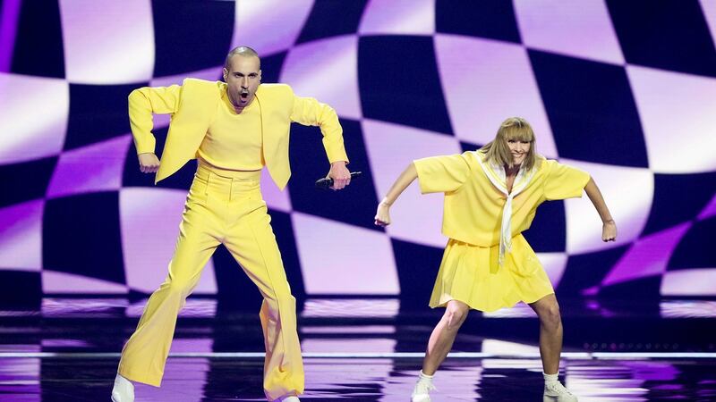 The Roop from Lithuania with the song Discoteque performing during the dress rehearsal for the grand final. Photograph: EPA/Sander  Koning /EPA/Pool