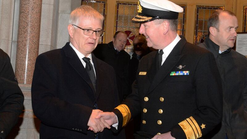British Ambassador to Ireland Robin Barnett with Vice Admiral Mark Mellet at the removal of TK Whitaker. Photograph: Cyril Byrne