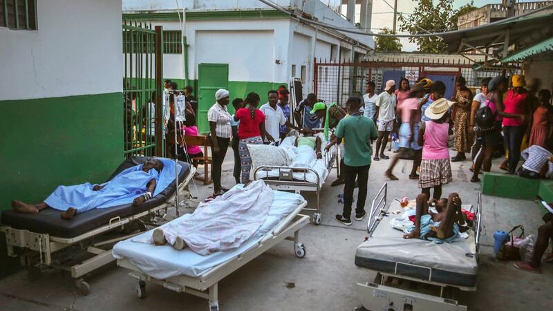 People injured during the earthquake are treated in the hospital in Les Cayes, Haiti. Photograph: Joseph Odelyn/AP