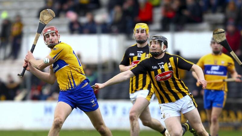 Clare’s Peter Duggan is challenged by  Kilkenny’s Walter Walsh during the Allianz Hurling League Division 1A match at Nowlan Park. Photograph: Ken Sutton/Inpho