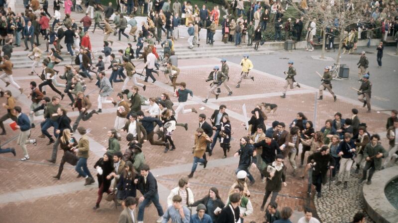 French riot police and students   in the grounds of the Sorbonne in May 1968