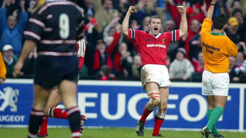 John Kelly celebrates after scoring the fourth try in the Heineken  Cup match against  Gloucester at Thomond Park in January 2003. Photograph: Andrew Paton/Inpho