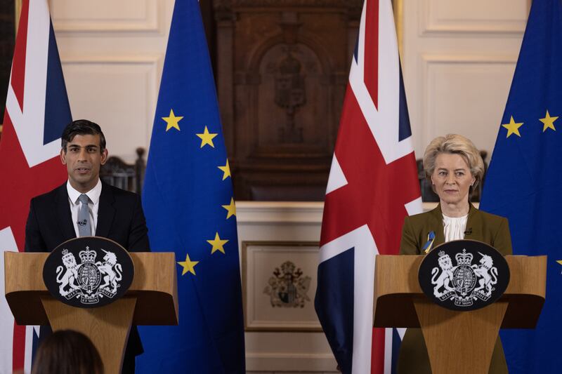 Prime Minister Rishi Sunak and European Commission president Ursula von der Leyen during a press conference at the Guildhall in Windsor. Photograph: Dan Kitwood/PA