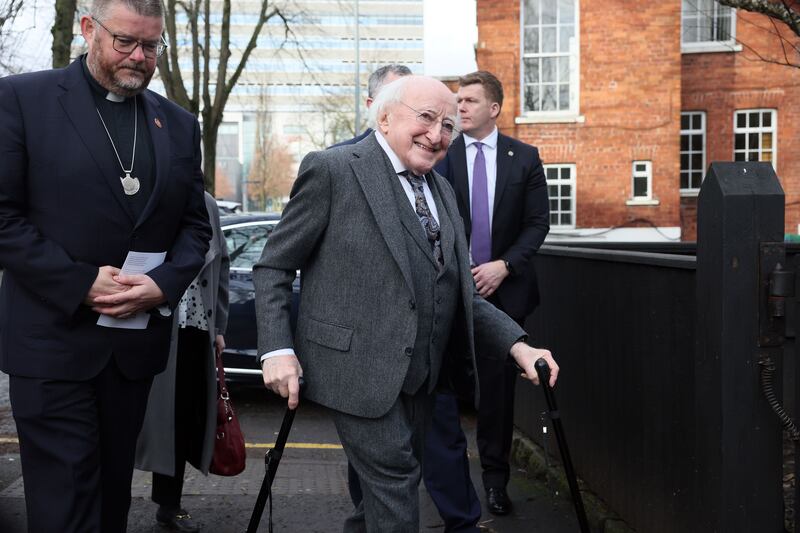 President Michael D Higgins arrives for Michael Longley's funeral. Photograph: Stephen Davison/The Irish Times