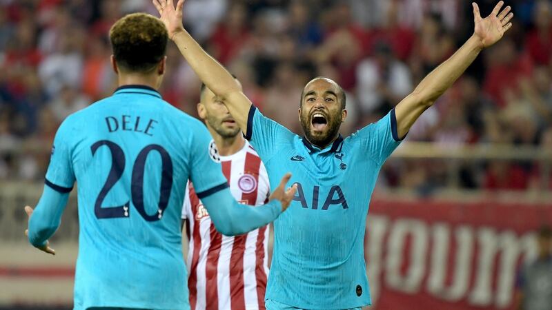 Tottenham Hotspur’s  Lucas Moura  celebrates after scoring their second goal during the Champions League Group B match against Olympiakos. Photograph: Aris Messinis/AFP/Getty Images