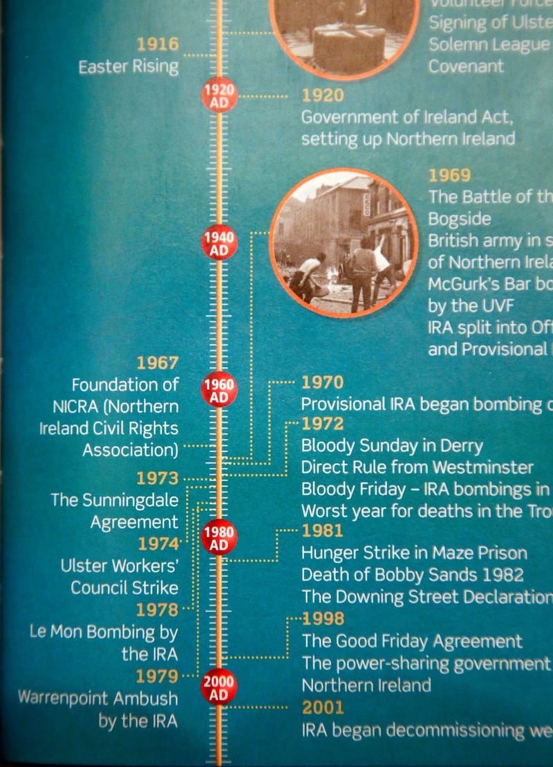 The text of the ‘Making History’ book, detail of the ‘chronological awareness’ timeline Photograph Nick Bradshaw/The Irish Times