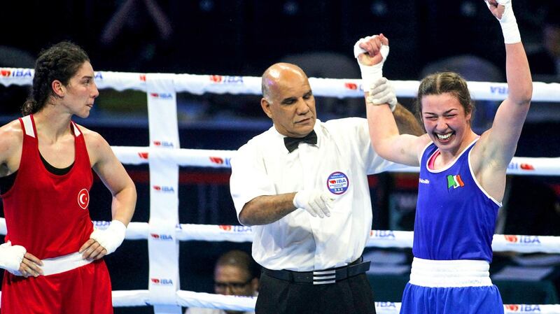 Ireland’s Lisa O’Rourke celebrates winning her light middleweight semi-final against Sema Caliskan. Photograph:  Aleksandar Djorovic/Inpho