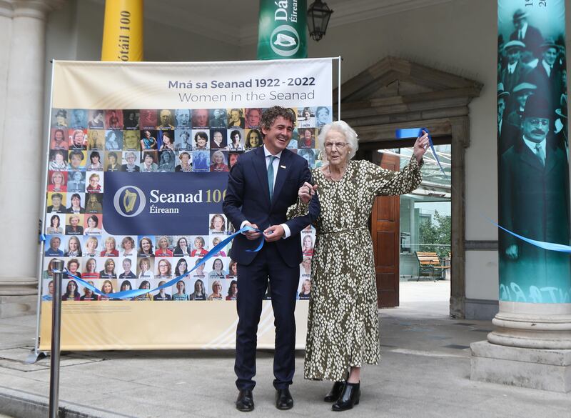 Tras Honan with Mark Daly at the launch of the Women in the Seanad exhibition at Leinster House. Photograph: Leah Farrell/RollingNews.ie