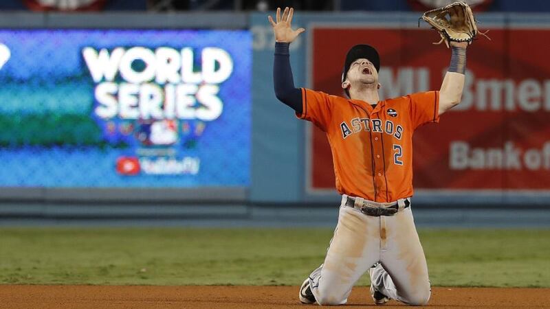 Alex Bregman celebrates the Houston Astro’s World Series win over the LA Dodgers. Photograph: Eugene Garcia/EPA