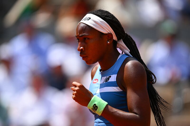 Coco Gauff reacts after a point to Poland's Iga Swiatek during their French Open women's singles quarter-final match at Roland-Garros. Photograph: Emmanuel Dunand/AFP
