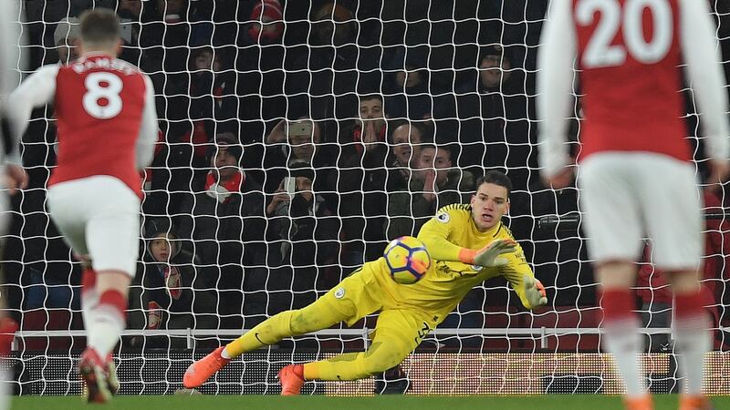 Ederson  saving an Arsenal penalty from Pierre-Emerick Aubameyang  at the Emirates Stadium on March 1st. Photograph: Mike Hewitt/Getty Images