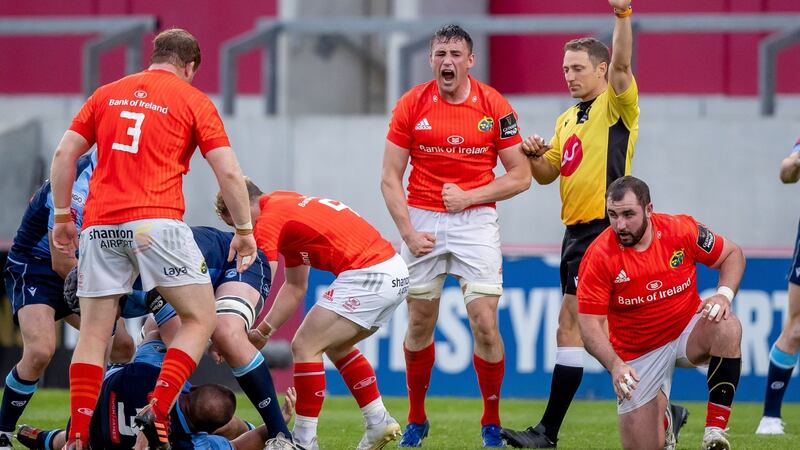 Munster’s Tommy O’Donnell celebrates a penalty during  the Guinness Pro 14 Rainbow Cup game against Cardiff Blues at Thomond Park. Photograph: Morgan Treacy/Inpho