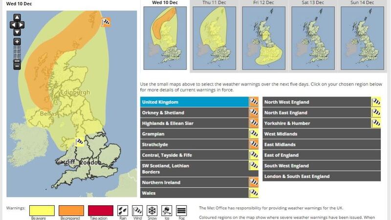 A graphic from the Met Office shows the amber and yellow weather warnings in Northern Ireland and Scotland. Photograph: metoffice.gov.uk