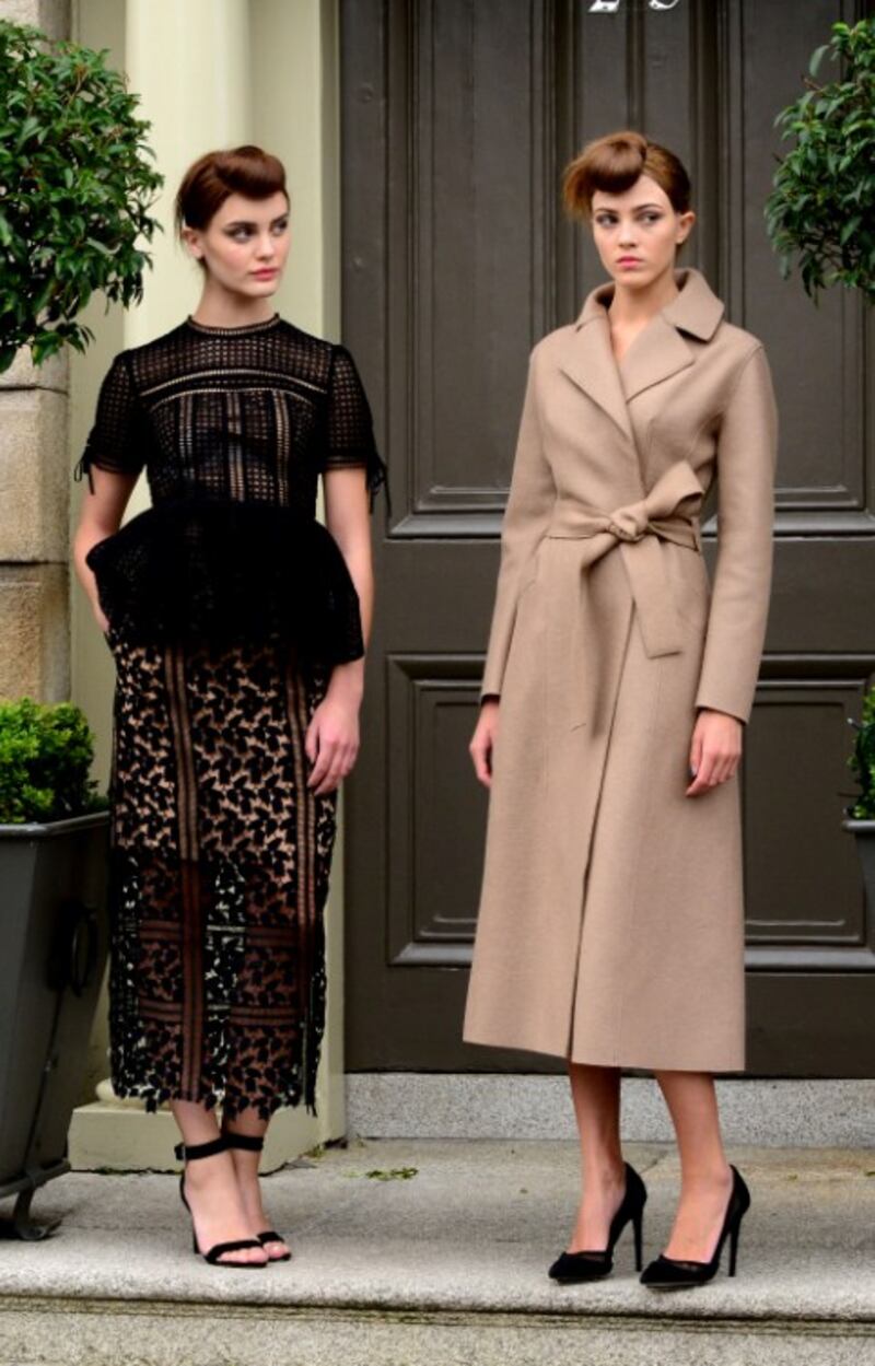 Self-Portrait black lace top and Self-Portrait long lace skirt and a Harris Wharf coat