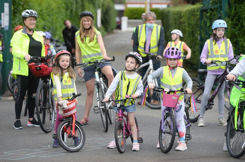 A trial run for a 'cycle bus' set up by parents and children at Greenlanes National School, Clontarf, Dublin, in 2020. Photograph: Dara Mac Dónaill 
