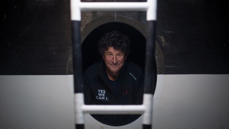 French skipper Jean Le Cam aboard his Imoca 60 monohull Yes We Cam at the start of the race. File photograph: Getty
