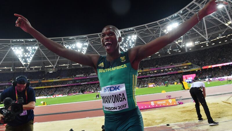 South Africa’s Luvo Manyonga celebrates after winning the gold medal in the long jump  at the  2017 World Championships in  London. Photograph:  Andrej Isakovic/AFP/Getty Images