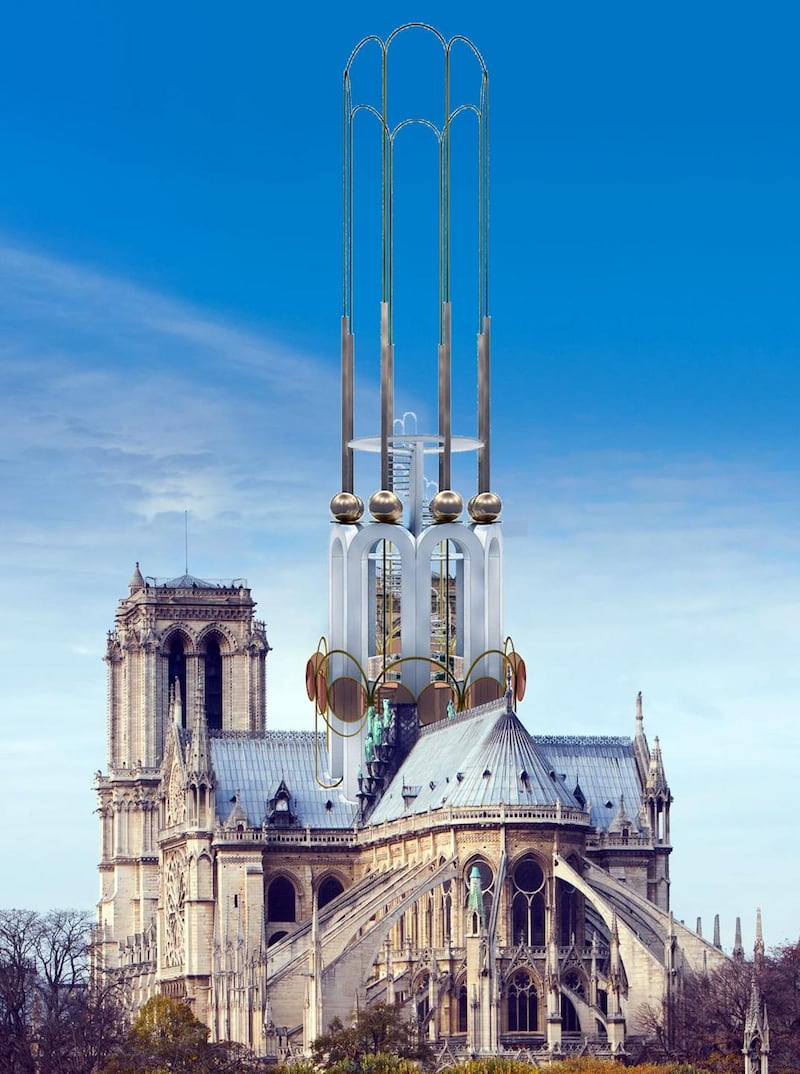 A new Notre-Dame?: Dakis Panayiotou’s proposal for the rebuilt roof and spire. Illustration: Dakis Panayiotou/Kiss the Architect via New York Times