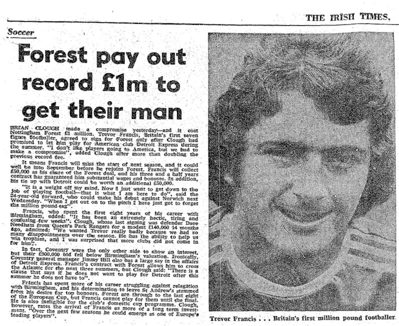 The Irish Times reports on Francis signing for Forest. Photo: The Irish Times archive