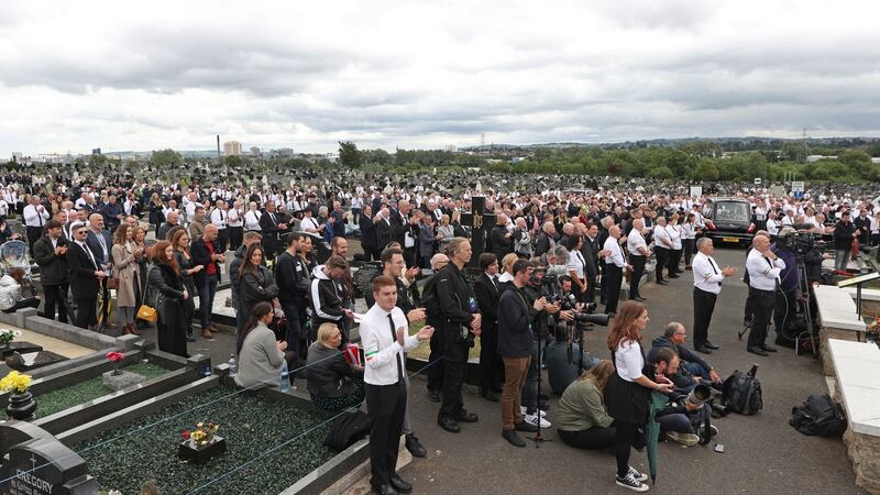 A crowd listens to former Sinn Féin president Gerry Adams speak during the funeral. Photograph: Liam McBurney/PA Wire