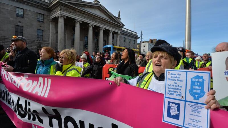 Protestors on Dublin’s O’Connell Street on Saturday. Photograph: Alan Betson/The Irish Times
