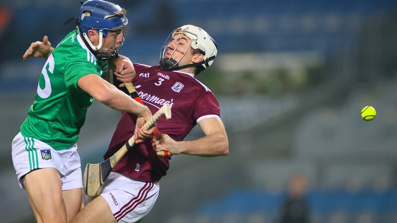 Limerick’s David Reidy clashes with Daithi Burke of Galway in the GAA  All-Ireland SHC semi-final at Croke Park on November 29th. Photograph: James Crombie/Inpho
