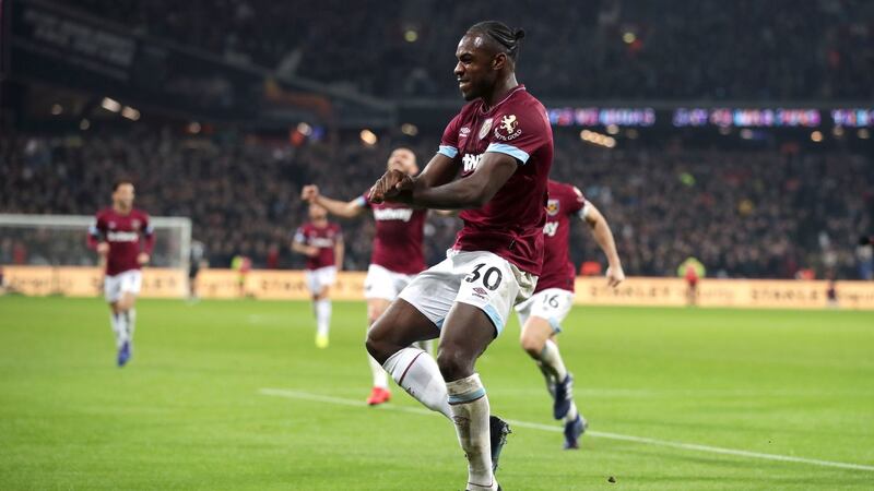 West Ham’s Michail Antonio celebrates scoring his side’s  goal  during the Premier League match against Liverpool  at the London Stadium.  Photograph: Adam Davy/PA Wire
