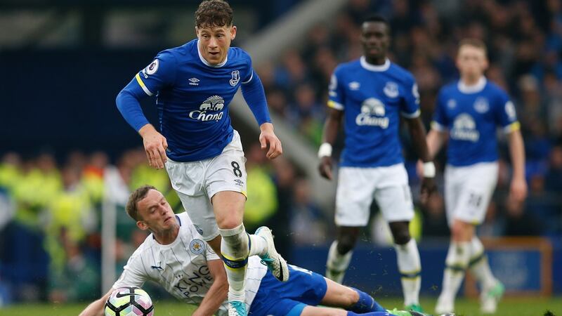 Everton’s Ross Barkley in action against Leicester City’s Andy King. Photograph: Andrew Yates/Reuters