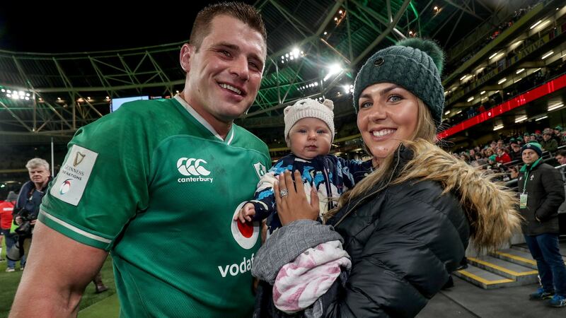 Ireland’s CJ Stander with his wife, Jean-Marie, and daughter Everli at the Aviva Stadium last Saturday. Photograph: Dan Sheridan/Inpho