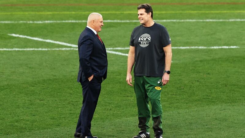 Lions head coach Warren Gatland talks to South Africa director of rugby Rassie Erasmus ahead of the first Test in Cape Town. Photograph:  David Rogers/Getty Images