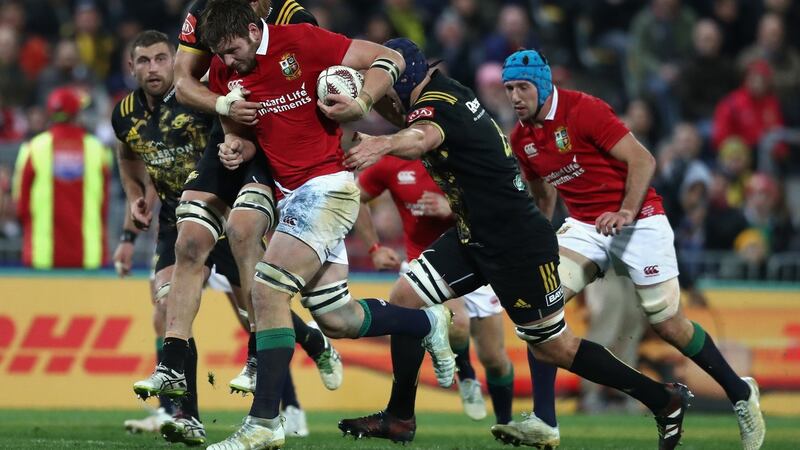 Iain Henderson charges upfield for the Lions in   Wellington in 2017. ‘I roomed with [Alun Wyn Jones] on the Lions tour and he’s a great lad.’ Photograph: David Rogers/Getty Images