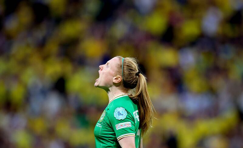 Ireland’s Amber Barrett reacts to a missed chance in Stockholm. Photograph: Ryan Byrne/Inpho