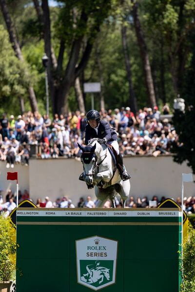 Cian O'Connor on Iron Man in action during Grand Prix of Rome 2025.