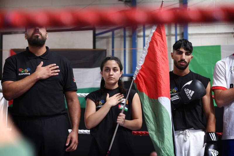 Nada Al-Khawaja the only woman in a five-person boxing squad from El Barrio Boxing Club in Ramallah who participated in an event with Dublin boxers at the Sheriff Street Boxing Club in Dublin. Photograph: Bryan O’Brien/The Irish Times  
