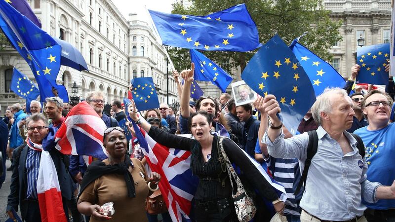 Anti-Brexit demonstrators  in London: judges said Fintan O’Toole’s series of columns on  Brexit “continue to be widely referenced . . . in  the UK and Ireland”. Photograph: Justin Tallis/AFP/Getty Images