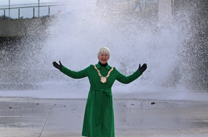Caothaoirleach of Dún Laoghaire-Rathdown County Council Mary Hanafin as a wave broke over the breakwater following the opening of Dún Laoghaire Baths.  Photograph Nick Bradshaw for The Irish Times